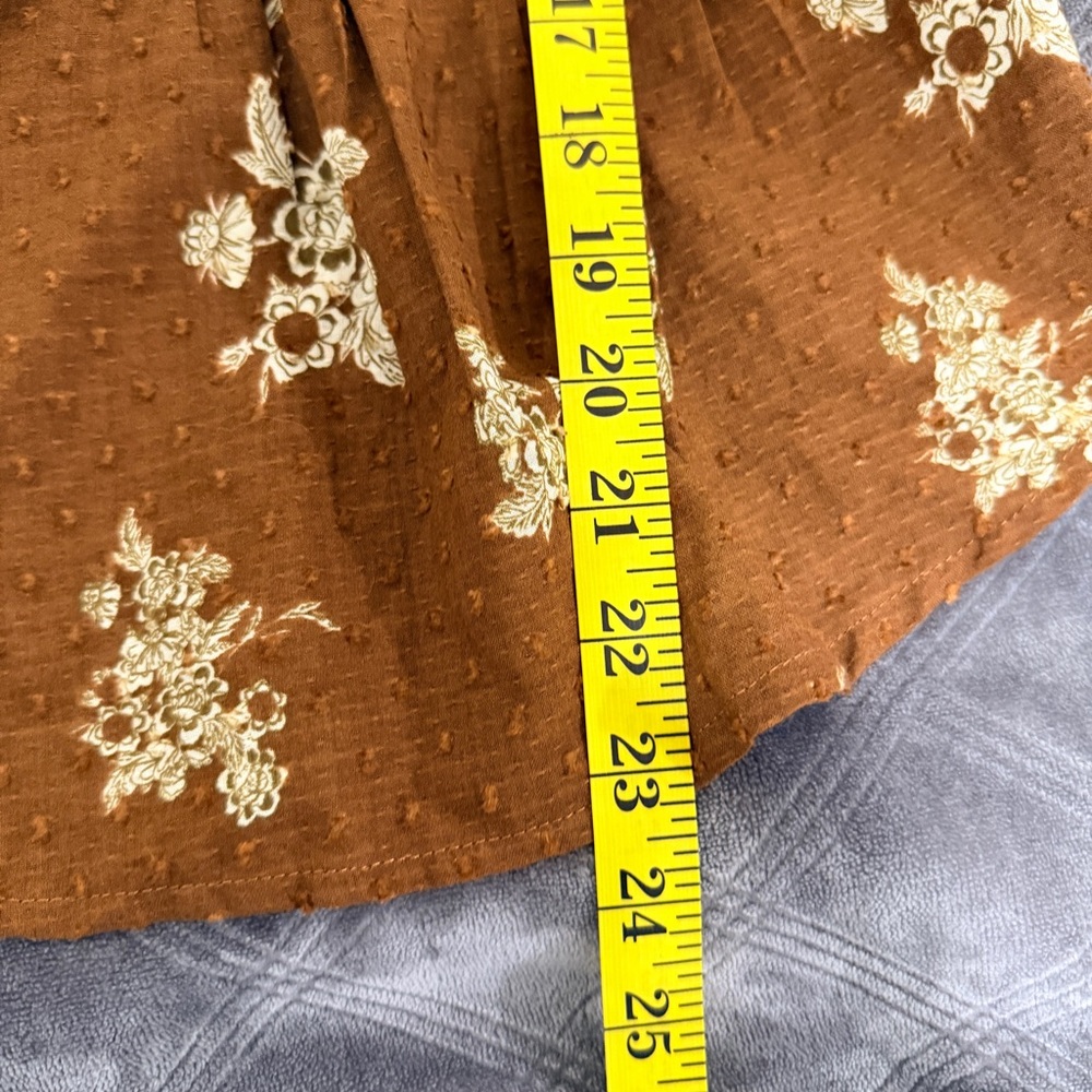 Anthropologie style Womens Brown Floral Ruffle Blouse S Cotton Swiss Dot Pintuck - Picture 14 of 14